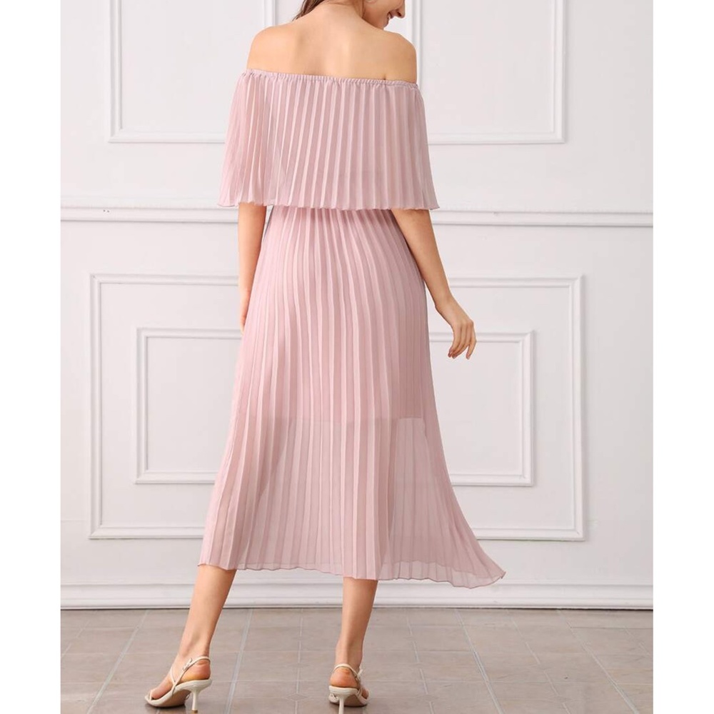 Dusty Pink Off Shoulder Ruffle Pleated Maxi Dress - Picture 2 of 12